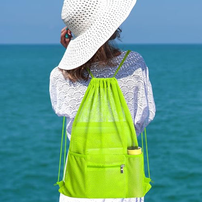 NATURAL STYLE Mesh Drawstring Backpack Bag, Gym Sports Bag with Zipper Pocket Bottle Holder, String Beach Bag for Swiming Travel (Green) - color: Green