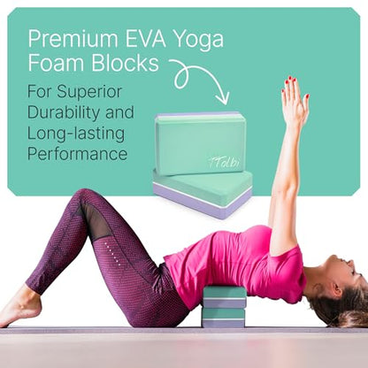 Yoga Blocks 2 Pack with Strap and Guide – Soft Non-Slip EVA Foam Blocks | High-Density Pilates Blocks for Home Workouts, Dance, Ballet, Gymnastics & Stretching Exercise, Dance Accessories and Gifts - color: Mint/Purple & Stretch Band Mint