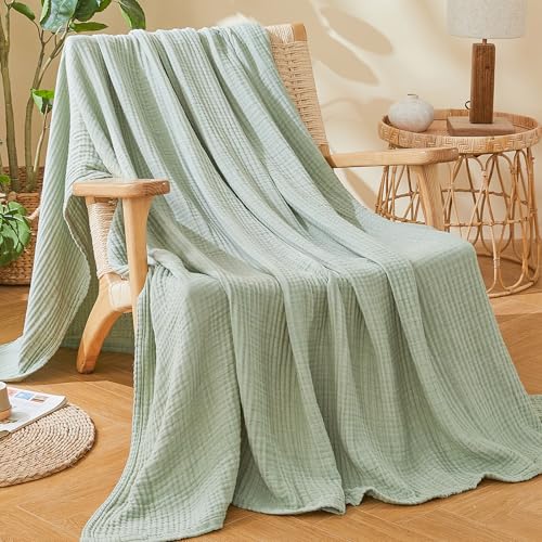 EMME Cotton Muslin Large Throw Blanket Couch Breathable Gauze Soft Lightweight Bed Blankets Adults (Heather Sage Green, 50"x70") - color: 09 - Sage Green, size: Large Throw (50" X 70")