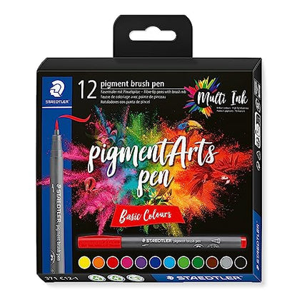 STAEDTLER Pigment Arts Brush Pen, Basic Colours, Pack of 12 Pens, 371 C12-1 - color: 12 Colors