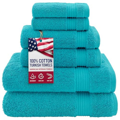 American Veteran Towel, 100% Cotton Turkish 6 Piece Towel Set Luxury Towels Set of 6 for Bathroom Essentials 2 Bath Towels 2 Hand Towels 2 Washcloths, Aqua Blue - color: Aqua Blue, size: XL 6PC