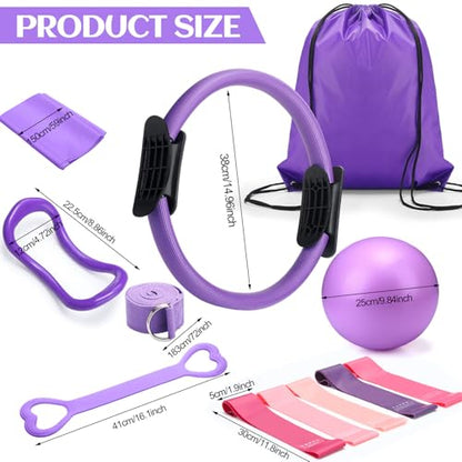 RoundFunny Set of 18 Pilates Ring Essential Kit for Women Pilates Ring and Ball Ankle Resistance Band Yoga Strap Socks Mat Arm Stretcher Latex Tube Gym Back Bag Exercise Equipment for Workout - color: Purple