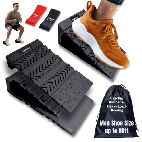 Squat Wedge Block - Non Slip Rubber - 3 Adjustable Angles - Men Shoe Size up to US11-4Pcs Set - Heel Elevated Squat - Calf Raises Ramp - Weight Lift & Stretch - 2 Bands & a Carry on Bag