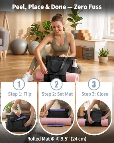 sportsnew Yoga Mat Bag Waterproof Tote Gym Bag Mat Carrier W/Wet Pocket | hook-and-loop mat holder 5s quick access, 40oz handled bottle pocket, wet bag, lightweight waterproof, drawstring pockets,19L - color: Deep Black