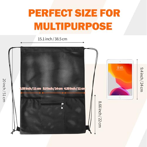 NATURAL STYLE Mesh Drawstring Backpack Bag, Gym Sports Bag with Zipper Pocket Bottle Holder, String Beach Bag for Swiming Travel (Black) - color: Black