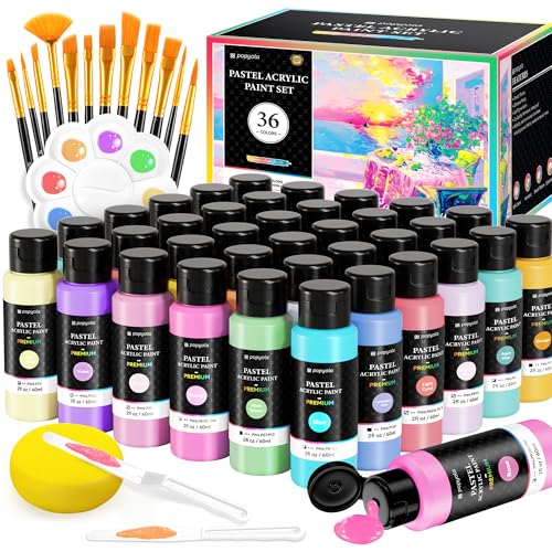 52 PCS Pastel Acrylic Paint Set, 36 Colors (2oz/60ml) Art Craft Paint | with 12 Brushes, 2 Knives & Palette, Paint for Adults Artists Beginners, Canvas Ceramic Rocks Wood Painting Kit Art Supplies - color: Pastel Colors, size: 2 Fl Oz (Pack of 36)