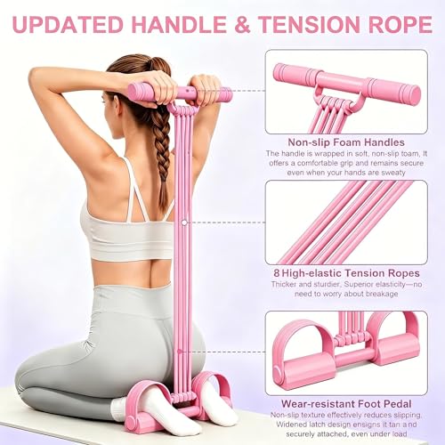 Multifunctional Pedal Resistance Band with Handles, 8-Level Adjustable Exercise Bands for Legs, Detachable TPE Workout Bands Resistance for Ab Crunch, Chest Expansion & Back Stretching - color: Pink