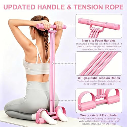 Multifunctional Pedal Resistance Band with Handles, 8-Level Adjustable Exercise Bands for Legs, Detachable TPE Workout Bands Resistance for Ab Crunch, Chest Expansion & Back Stretching - color: Pink