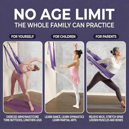 Door Aerial Hammock Swing - No Drilling Over Door Yoga Stretch Straps for Stretching, Inversion Pilates Kit, Anti-Gravity Home Workout - Pink/Purple