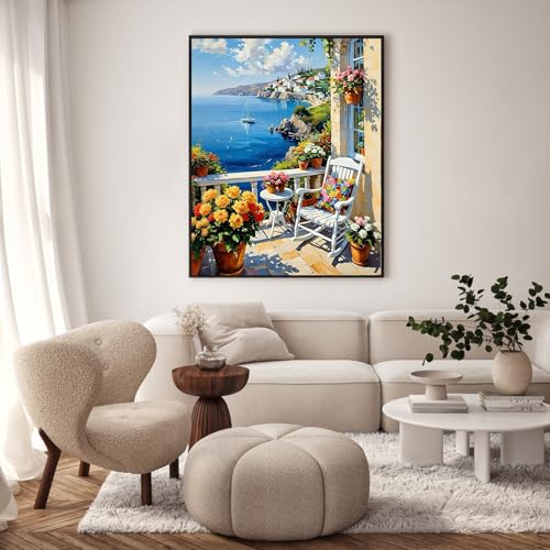 Paint by Numbers Kit for Adults, Coastal Balcony Painting, 16 x 20 Inch | DIY Adult Paint by Number Kit on Canvas for Beginners, without Frame, Seaside Landscape Wall Decor, Stress Relief Craft Gift - color: TRTDNF1P303