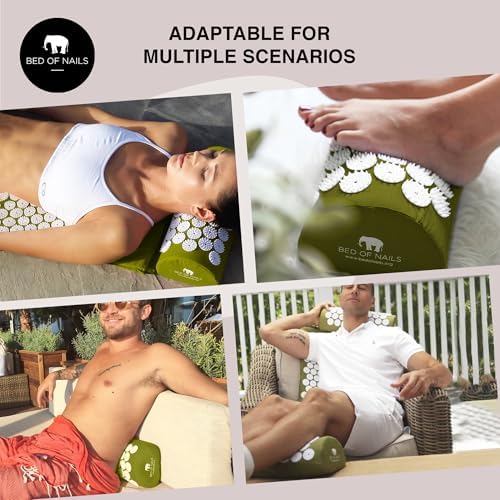 Bed of Nails Mat and Pillow Set – Original Bon Acupressure Design with 10962 Precision Nails, Mat: 28.5 x 16.5 x 1", Pillow: 14.5 x 6 x 4", Green - color: Green - Mat & Pillow Set