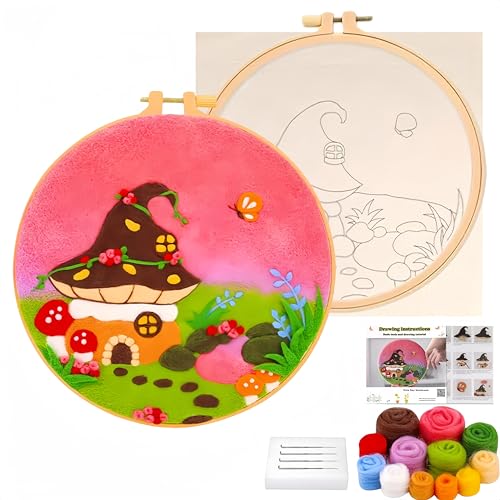 Wonafa DIY Wool Needle Felt Starter Kit, Beginner Needle Felt Kit with Wool Felt Bag, Felts Needles, Photo Frame, Foam Mat, Felts Cloth and Instructions for Home Decor, Art Crafts (Mushroom Castle) - color: Mushroom Castle