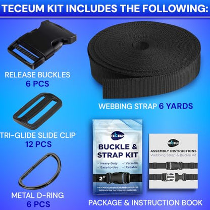 TECEUM 2" Nylon Strap Kit with Buckles, Black 6 yards Repair Set | Heavy duty hardware kit: 6yd webbing, 6 quick release buckles, 12 tri-glide slide clips, 6 metal D-rings for crafting. - color: Black, size: 2" - 6 yards, style: 6 Buckle - 12 Slides - 6 D