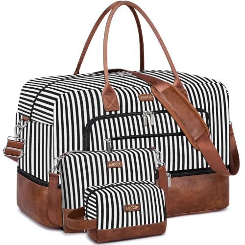 Large Women Travel Weekender Bag: Carry on Duffle with Shoe Compartment | Overnight Duffel Bags with Wet Pocket, Crossbody & Toiletry Bag, 3PCS Womens Traveling Tote Set for Hospital Gym Weekend Trip - color: 02 Black Striped