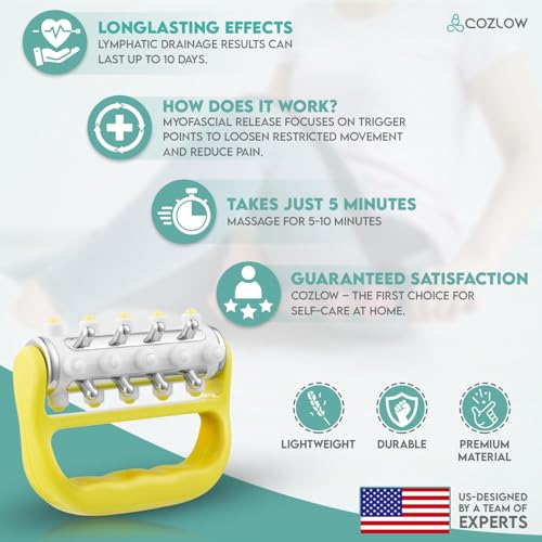 MyoRelease Lymphatic Drainage Massager - Yellow - Handheld Massage Roller | Cozlow - fascia release massage tool for shoulder, neck, belly, thigh, leg, back, glutes - helps reduce cellulite appearance - color: Yellow