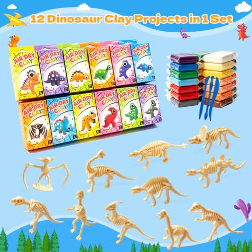 DMTXCRP Air Dry Clay Dinosaur Kit for Kids, 12 Dino Skeleton Craft Set | 12 individual boxes, colorful materials, 3 sculpting tools, step-by-step guide, STEM party favors and birthday activity - color: Dino