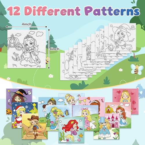 Anseal 12 Packs Pre Drawn Canvas to Paint, 4" X 4" Priness Pre-Printed Canvas Paint Party, Stretched Outline Painting Boards for Beginners, Party Favor - style: Priness