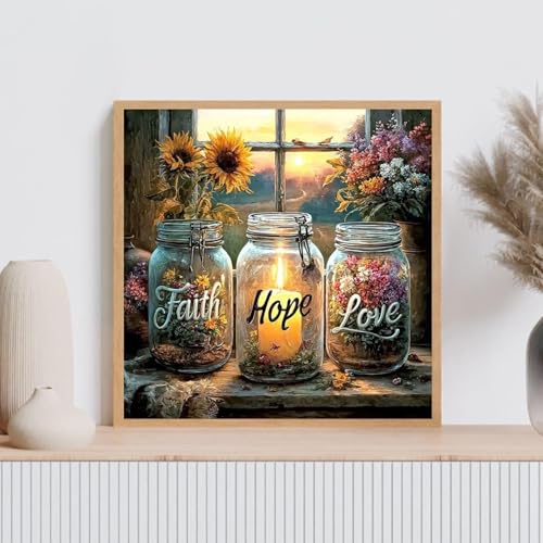 wavaiov Faith Hope Love Wishing Bottle Diamond Art Kits for Adults, 5D DIY Inspirational Diamond Painting Kits for Beginners, Sunflower Full Round Dots Drill Gem Art Kit for Home Decor 12x12Inch - color: XYJ101