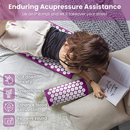ROMIX Acupressure Mat and Pillow Set, Acupuncture Mat for Back Pain, Neck, Shoulder Pain Relief, Stress Reduction, Wellness Therapy, Cushioned Acupressure Mats with Carry Bag for Men and Women - color: Purple