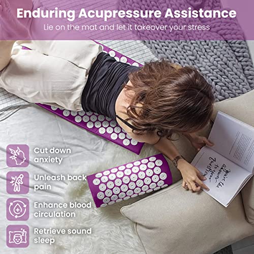ROMIX Acupressure Mat And Pillow Set, Back Neck And Shoulder Pain Relief | Stress Reduction, Muscle Relaxation, Wellness Therapy, Carry Bag, For Men And Women, Home Use, Acupuncture Mat Set - color: Purple