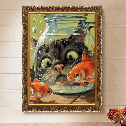Fairyland JinWenn Curious Cat Fish Paint by Numbers Kit for Adults Framed Canvas Frameworkless - color: YH04413