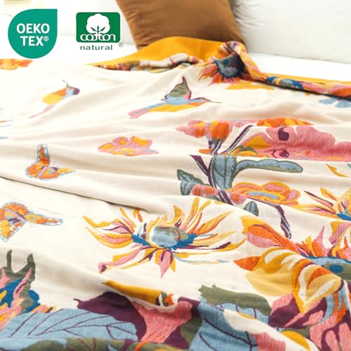 VANJOROY Boho 담요, 100% 유기농 면 127x152.4cm(50x60인치), 카우치 베 - color: 꽃-나비, size: 담요(50 x 60인치)