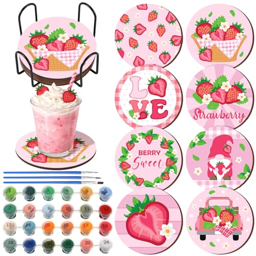 Reallnaive 8 Pcs Strawberry Paint by Numbers Kit for Adults Wooden Coasters | Mini Paint by Numbers, Tiny Pink Gnome Round Oil Painting Drink Coaster with Holder, for Small DIY Craft Birthday Gift - style: Strawberry