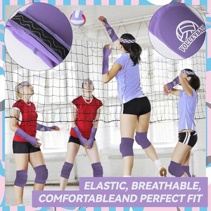 6 Pcs Volleyball Knee Pad and Arm Sleeve Volleyball Accessories Drawstring Bag Softball Headbands Volleyball Protection Training and Games Equipment Gifts - color: Purple, size: Medium