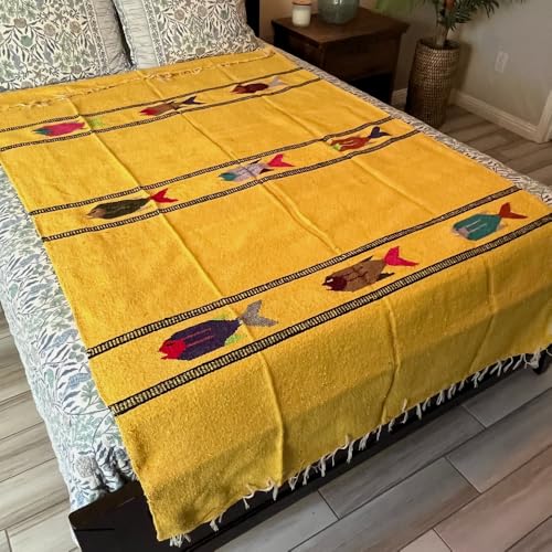 Open Road Goods Thick Mexican Yoga Blanket - Serape Fish Design - Handmade (Yellow) - color: Yellow