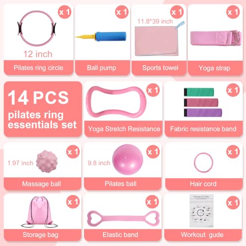 Pilates Ring Set with Resistance Bands– Anti-Slip Magic Circle Pilates Ring for Home Workouts, Full-Body Toning, Strength Training for Women 14PCS - color: Pink