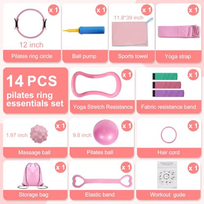 Pilates Ring Set with Resistance Bands– Anti-Slip Magic Circle Pilates Ring for Home Workouts, Full-Body Toning, Strength Training for Women 14PCS - color: Pink