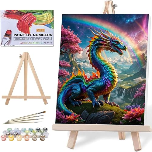 ldazao Dragon Paint By Numbers Kit for Adults Beginner with Frame Wooden Easel Colourful Dragons Adult Paint By Number Kits for Gift Home Wall Decor 16x20 Inch - color: FDD51