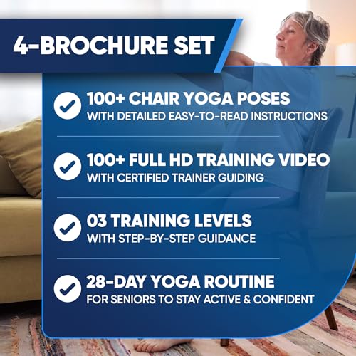 Chair Yoga for Seniors Over 60 Chart 4 Book Set – Chair Yoga Book with 102 Easy Chair Exercises for Seniors included Full HD Videos Instruction, Chair Yoga Chart for Seniors for Balance & Weight Loss