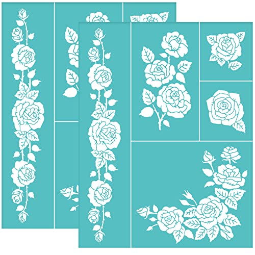 OLYCRAFT 2 Pcs Rose Self-Adhesive Silk Screen Printing Stencil Rose Bud Leaf Mesh Transfer Stencil Reusable Silk Screen Stencils for Painting on Wood T-Shirt Fabric 11x8.6 inch - color: Roses