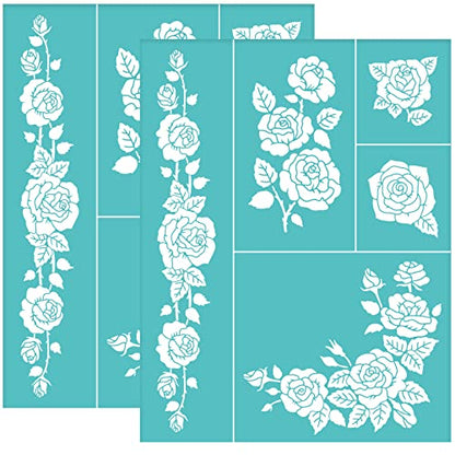 OLYCRAFT 2 Pcs Rose Self-Adhesive Silk Screen Printing Stencil Rose Bud Leaf Mesh Transfer Stencil Reusable Silk Screen Stencils for Painting on Wood T-Shirt Fabric 11x8.6 inch - color: Roses