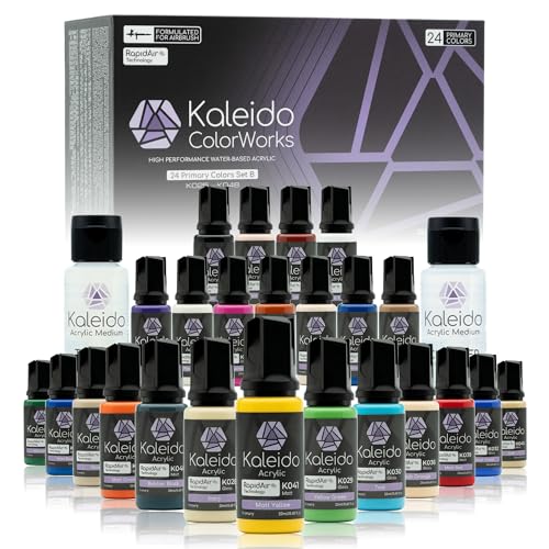 Gaahleri Kaleido Water-Based Airbrush Paint Kit 24 Primary Color Set B | Acrylic Paint, Pre-Thinned, High Gloss, Fast-Drying, with Thinner & Cleaner - color: 24 Primary Colors Set B