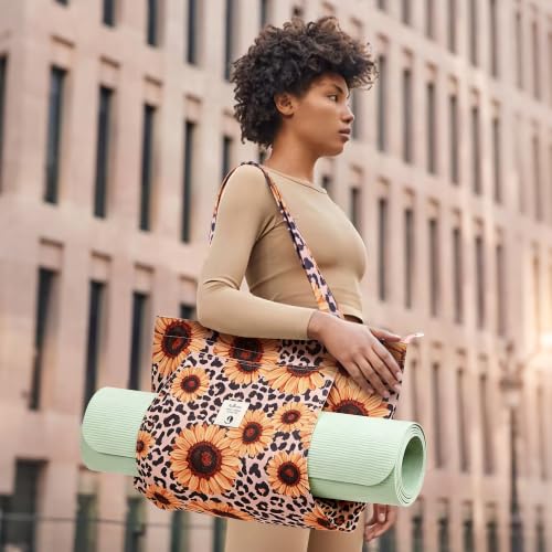 WLLWOO Yoga Mat Carrier Bag for Women Canvas Carryall Tote Gym Pilates | Large Holder Zipper Shoulder for Beach Travel Workout Fitness Office - color: Leopard Sunflower