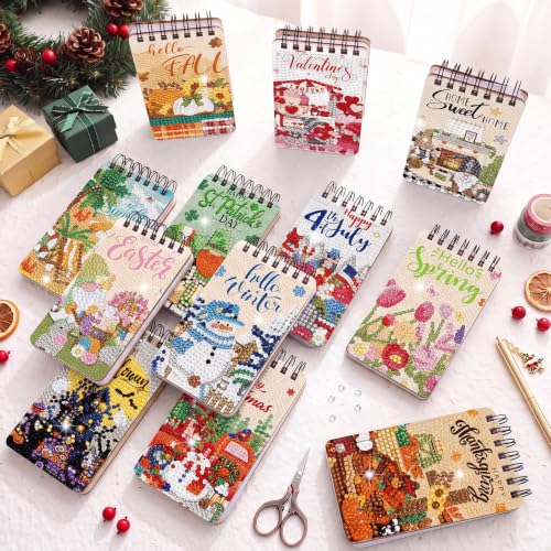 Fuyoooo 12 Pcs Holiday Diamond Art Notebook for Adults, 4.72 x 2.83 Inch | Seasonal Diamond Art Kits, Fall Halloween DIY Cover Notebook Diamond Painting for Beginner, 5d Journal Notepad Accessories - style: Seasonal