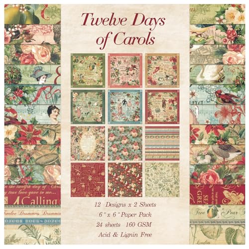 Scrapbook Paper, 24 Sheets 6"×6" 160gsm Single-Sided Patterned Cardstock | Vintage Decopodge Scrapbook Supplies, Junk Journal Decorative Crafts DIY Album Card Making Art Journaling.Carols - color: 24 sheets-carols
