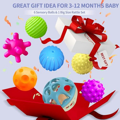 Sensory Toys for Babies, Montessori Textured Baby Balls and Wheat Straw Rattle, Baby Toys for 6-12 Months, Ideal Newborn Gifts for Boys and Girls, Toddler Toys for 1-3 - style: Textured Balls & Blue Rattle Set