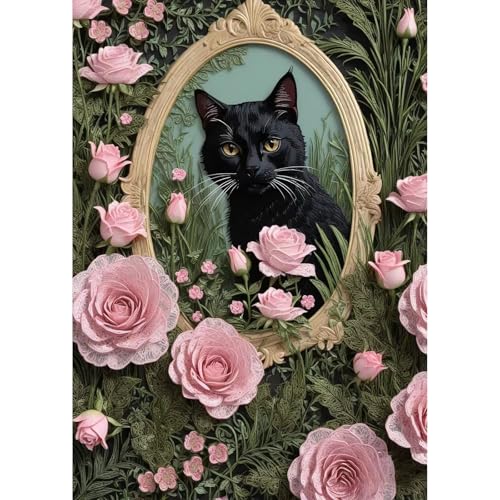 Cat Diamond Art Kits for Adults Beginners, Black Cat Diamond Painting Kits for Adults Flowers, DIY 5D Full Round Drill Gem Art Kit, Black Cat Diamond Dots for Adults for Gift Home Decor 12x16 Inch - color: XM-DP-Mirror Black Cat-3040