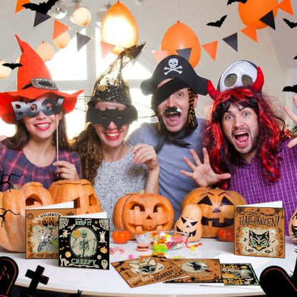 Saillong 12 Pack Halloween Diamond Painting Greeting Card Kits DIY Halloween Diamond Art Cards with Envelopes Green Black Cat Skull 5D Rhinestones Painting Kit for Adults DIY Craft Family Friend Gifts - color: Retro Halloween