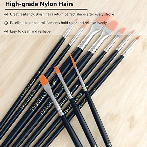 GOTIDEAL Paint Brushes, Acrylic Paint Brushes, 10 Pcs Round Pointed Tip | Small Nylon Hair, for Acrylic, Oil and Gouache, Body, Face Nail Art and Rock Painting, Perfect for Kids & Adult