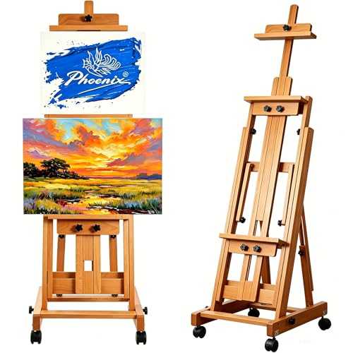 PHOENIX Versatile Studio H-Frame Easel - Solid Beech Wood with Locking Casters, Adjustable Angle & Height, Heavy Duty Canvas Holder with Storage Tray for Professional Artists - Light Walnut