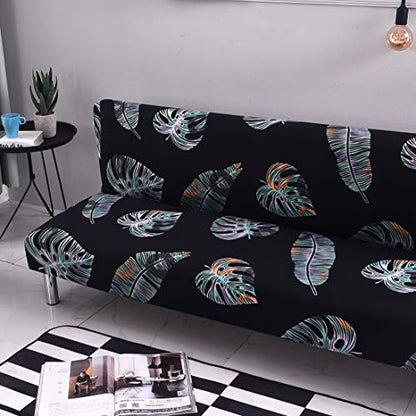 MIFXIN Armless Sofa Cover Futon Slipcover Stretch Elastic Folding Sofa Bed Non-Armrest Couch Sofa Cover Furniture Protector for Dogs Cats Pets (Black Leaves) - color: Black Leaves