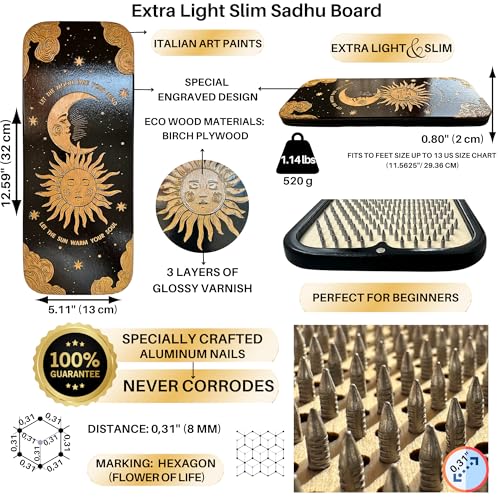TENGRY Sadhu Board, Specially Crafted Aluminum & Copper Nails, Light Nail Board, 0.31 IN (8 mm), Beginners, Hexagon, Slim Sadhu Wood Board for Standing on Nails, Acupuncture Foot Massage, Yoga Gift - color: Aluminum Nails Moon and Sun Black