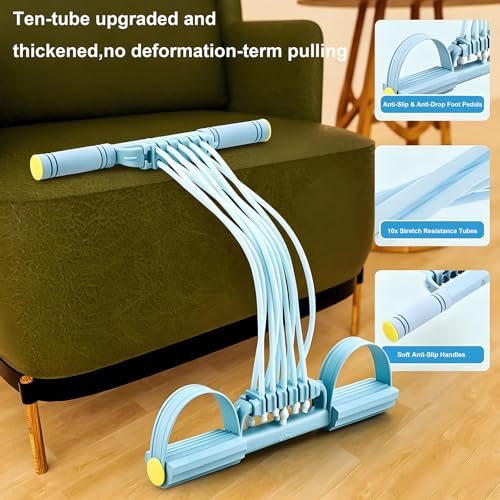 3-in-1 Pedal Resistance Band with Handles,10-Tube Multi-Functional Pedal Resistance Band,Natural Rubber Tension Rope for Abs,Arms,Waist,Legs & Home Fitness - color: blue
