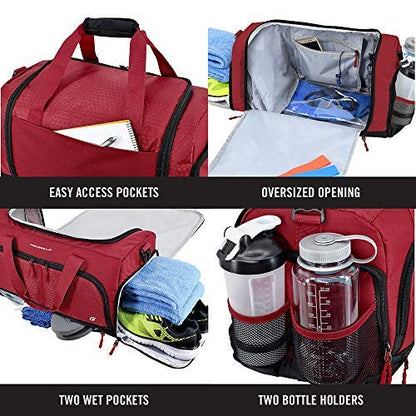 Ultimate Gym Bag 2.0: The Durable Crowdsource Designed Duffel Bag with 10 Optimal Compartments Including Water Resistant Pouch - color: Red, size: Medium (20")