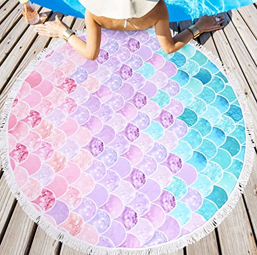 Oversized Round Little Mermaid Beach Towel for Girls Women, Lightweight Microfiber Picnic Pool Swimming Bath Towel With Fringe, Soft Thin Meditation Mat Round Tapestry Mermaid gifts for women, 59” - color: Round Mermaid Squama Beach Towel