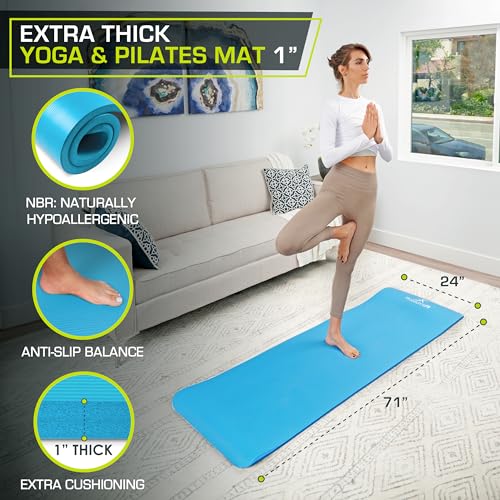 ProsourceFit Extra Thick Yoga and Pilates Mat 1/2” (13mm) or 1" (25mm), 71-inch Long High Density Exercise Mat with Comfort Foam and Carrying Strap - color: Aqua, size: 1"